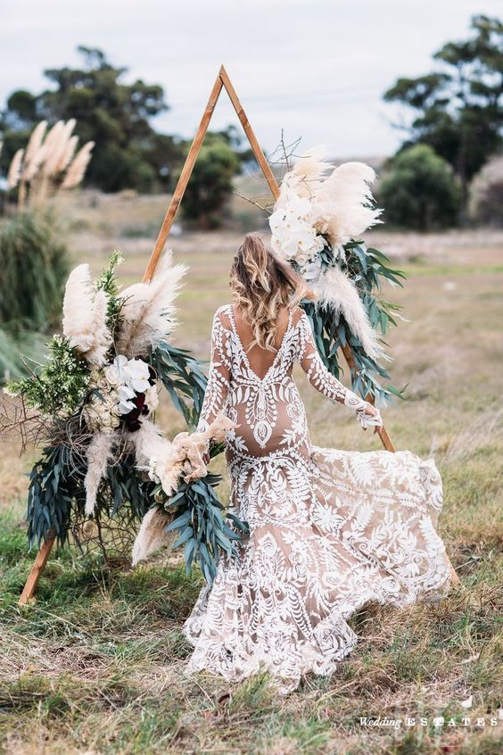 Two Piece Long Sleeve Lace Wedding Dresses Blush Pink Boho Beach Wedding  Dress – SheerGirl