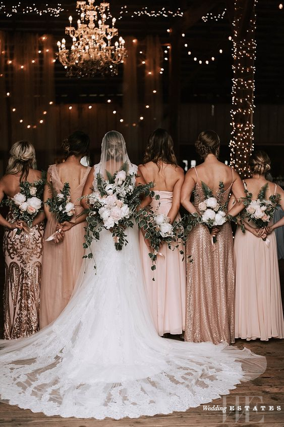 wedding dress with rose gold accents