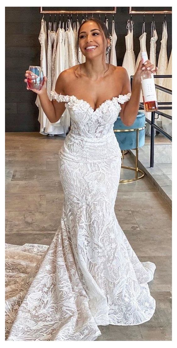 Snowskite Womens Elegant A-line Off Shoulder Lace Wedding Bridal Dress 